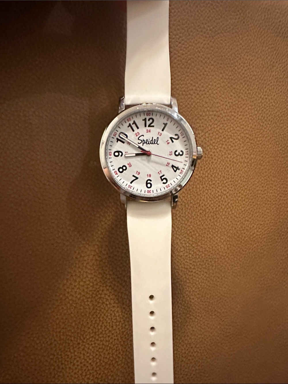 Speidel Original Nurse Watch-White Strap Silver-Tone Dial Watch with Red Accents